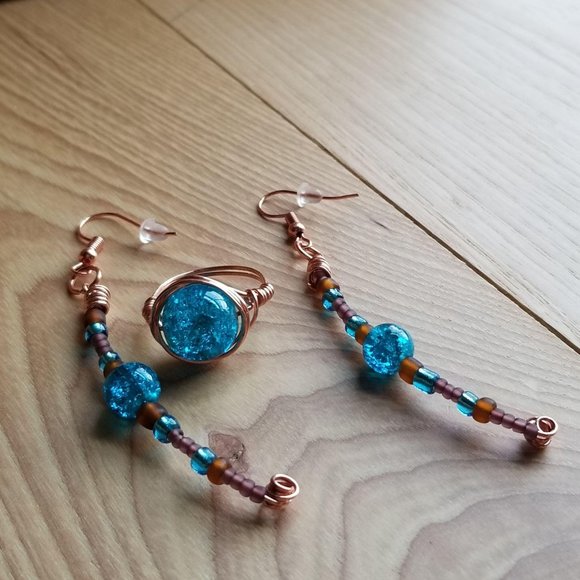 Copper Wire Earrings Rings Turquoise Set - Picture 5 of 10